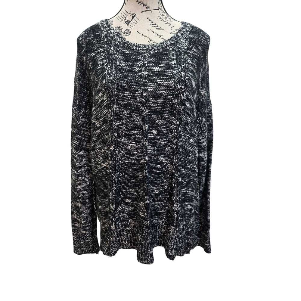 Knox Rose Sweater Large Black White Marled Cable Knit Side Button Tunic Cozy